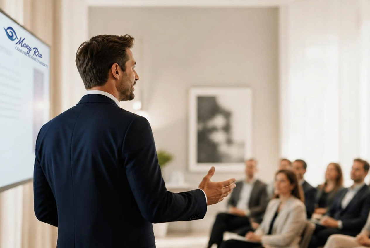 Profesional hablando en público con presencia y claridad