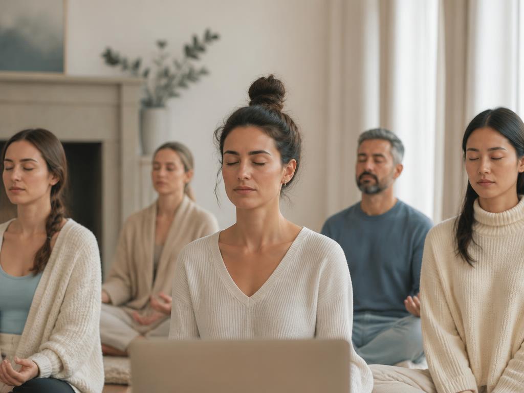 Grupo de personas en práctica de respiración compartida en un espacio luminoso