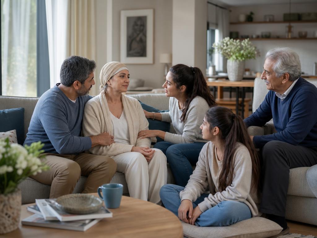 Familia sentada en una sala, conversando con calma y sosteniendo a uno de sus miembros que atraviesa un proceso de salud
