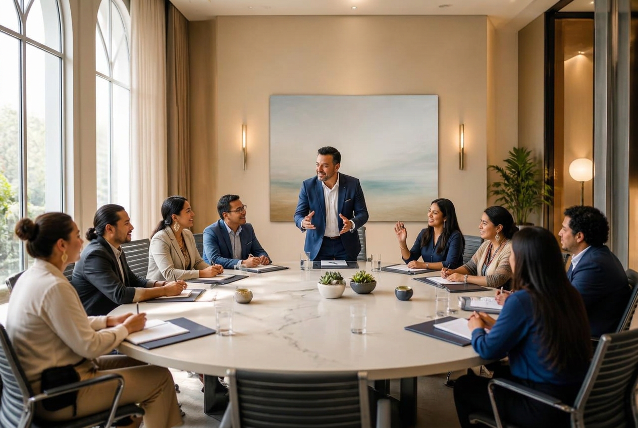 Equipo de profesionales en un taller de comunicación consciente, sentados en círculo en un espacio luminoso