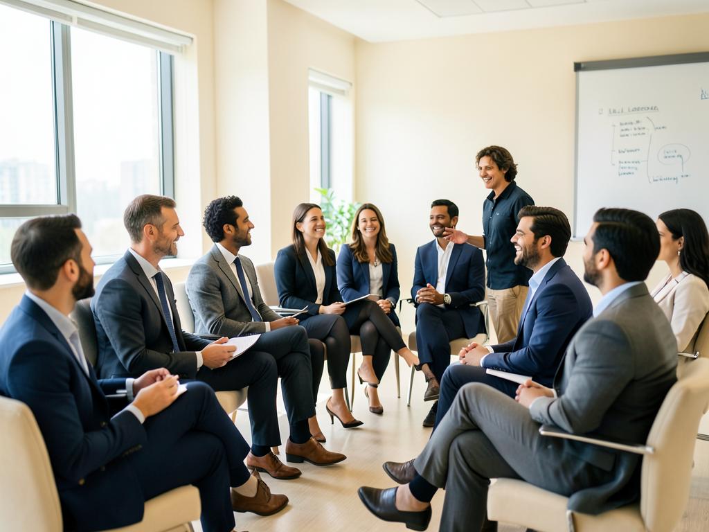 Grupo de líderes empresariales en una formación ejecutiva experiencial, atentos y participando en un espacio amplio e iluminado